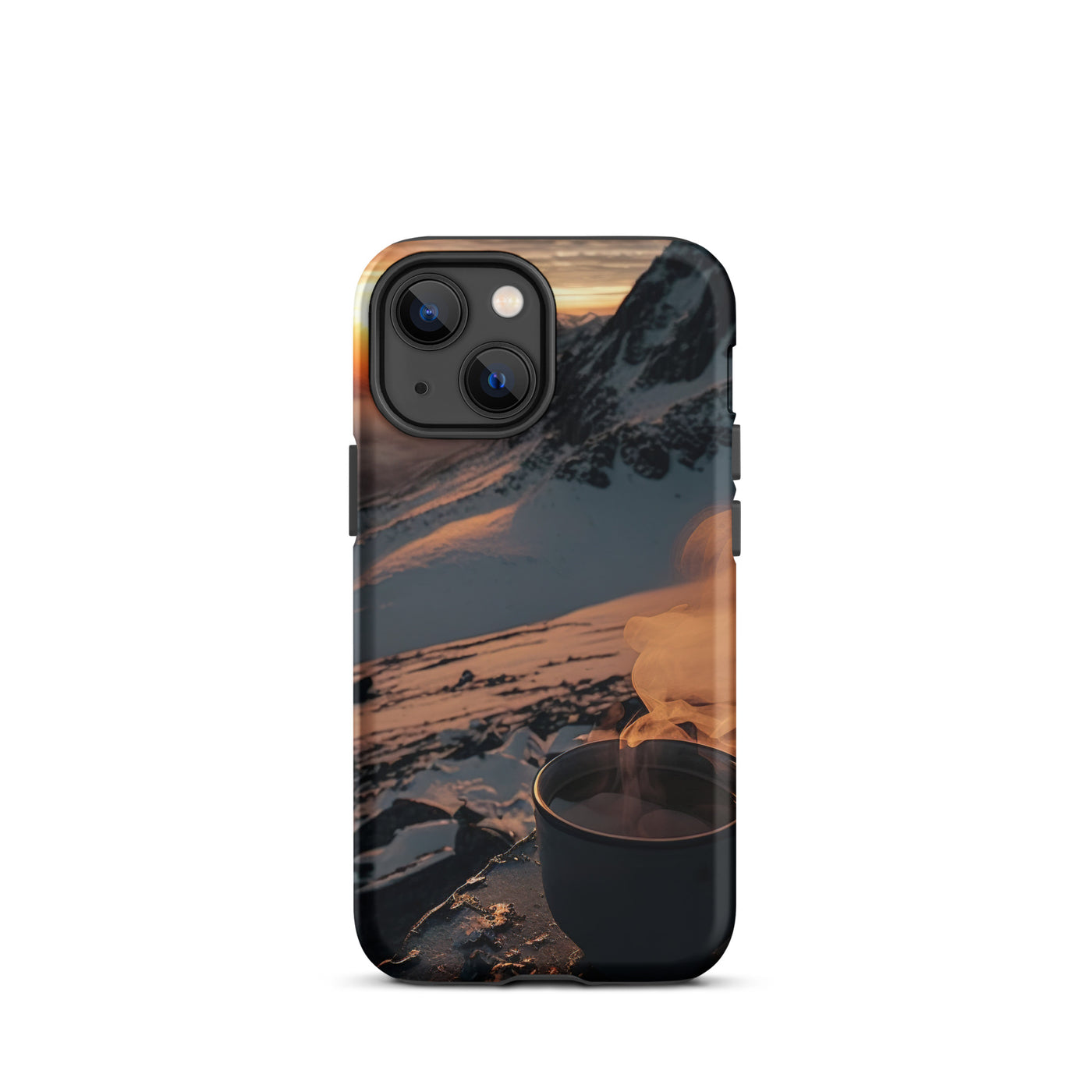 Heißer Kaffee auf einem schneebedeckten Berg - iPhone Schutzhülle (robust) berge xxx iPhone 13 mini