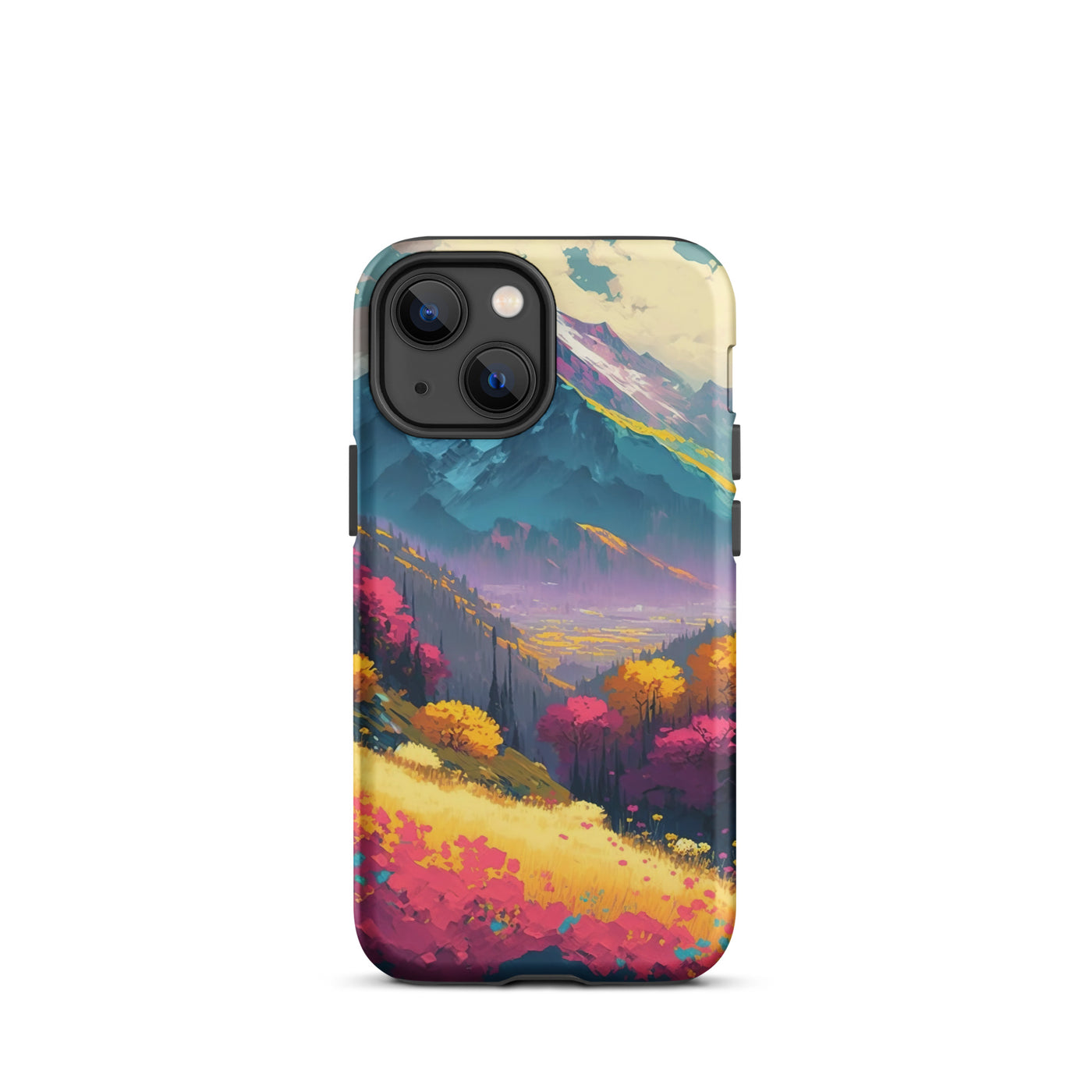 Berge, pinke und gelbe Bäume, sowie Blumen - Farbige Malerei - iPhone Schutzhülle (robust) berge xxx iPhone 13 mini