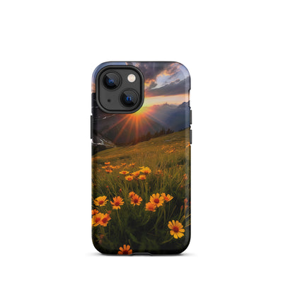 Gebirge, Sonnenblumen und Sonnenaufgang - iPhone Schutzhülle (robust) berge xxx iPhone 13 mini