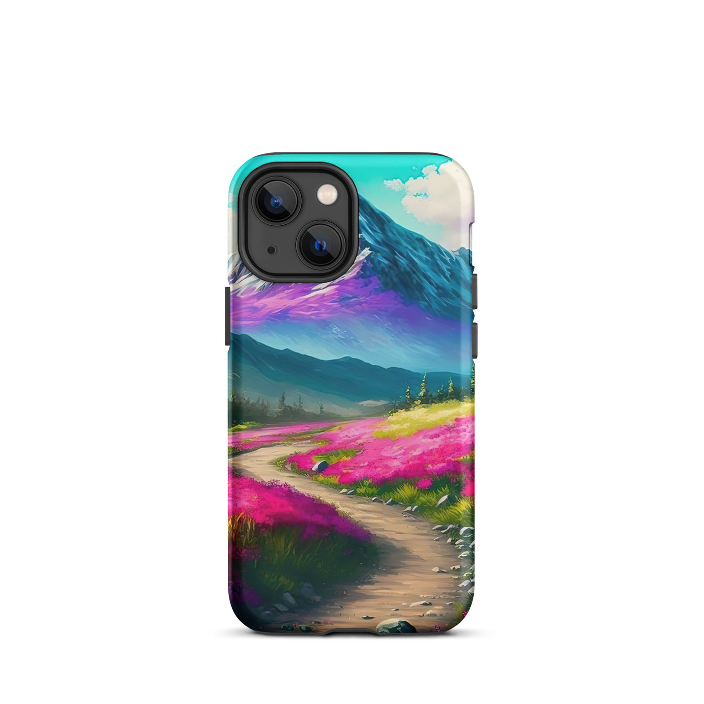 Berg, pinke Blumen und Wanderweg - Landschaftsmalerei - iPhone Schutzhülle (robust) berge xxx iPhone 13 mini