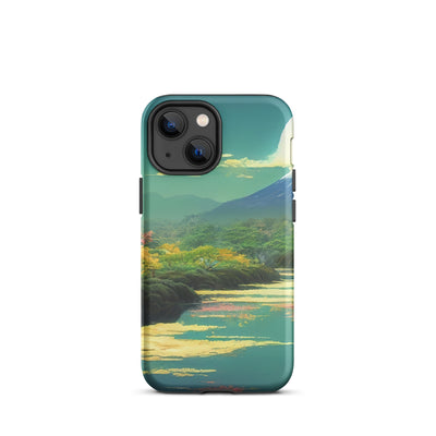 Berg, See und Wald mit pinken Bäumen - Landschaftsmalerei - iPhone Schutzhülle (robust) berge xxx iPhone 13 mini