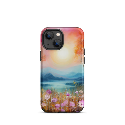 Berge, See, pinke Bäume und Blumen - Malerei - iPhone Schutzhülle (robust) berge xxx iPhone 13 mini