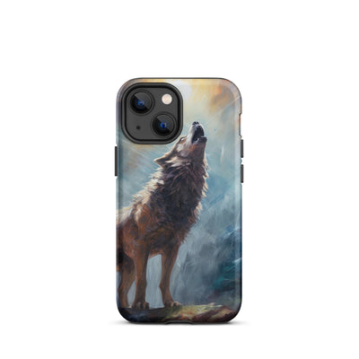 Heulender Wolf auf Berggipfel und Mond im Hintergrund – Abstrakte Malerei - iPhone Schutzhülle (robust) camping xxx iPhone 13 mini