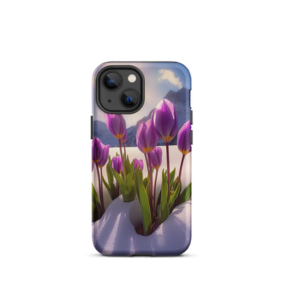 Tulpen im Schnee und in den Bergen - Blumen im Winter - iPhone Schutzhülle (robust) berge xxx iPhone 13 mini