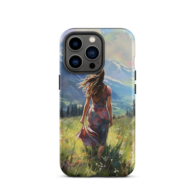 Frau mit langen Kleid im Feld mit Blumen - Berge im Hintergrund - Malerei - iPhone Schutzhülle (robust) berge xxx iPhone 13 Pro