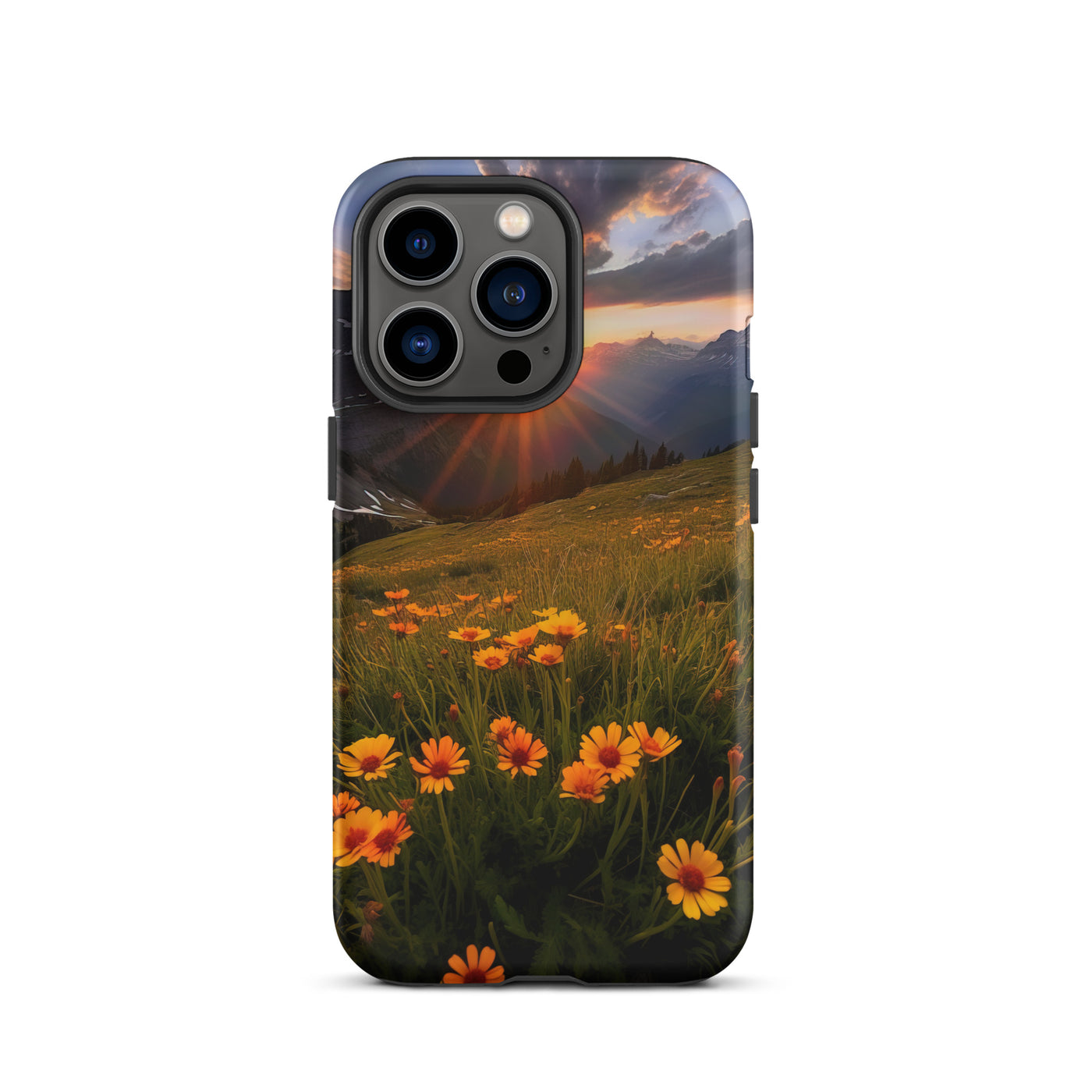 Gebirge, Sonnenblumen und Sonnenaufgang - iPhone Schutzhülle (robust) berge xxx iPhone 13 Pro