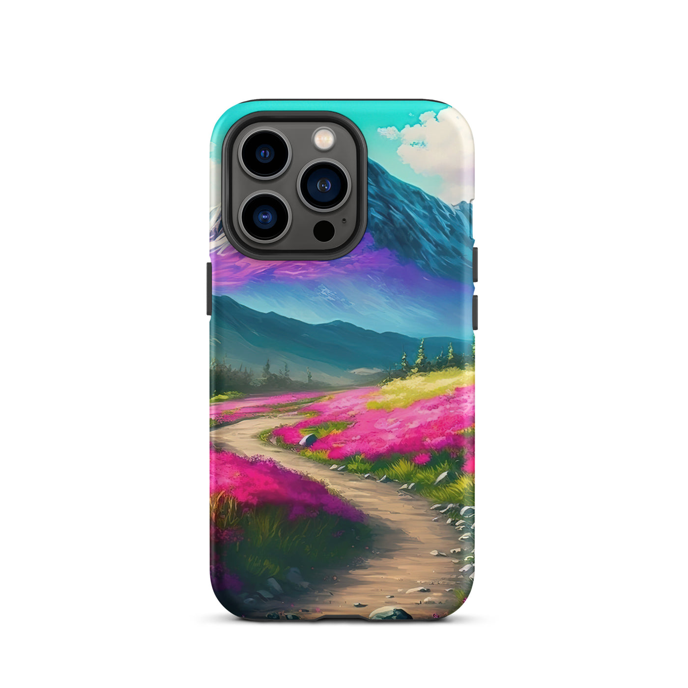 Berg, pinke Blumen und Wanderweg - Landschaftsmalerei - iPhone Schutzhülle (robust) berge xxx iPhone 13 Pro