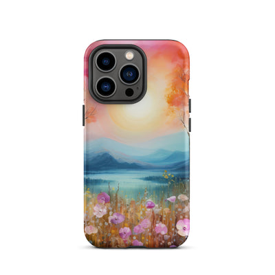Berge, See, pinke Bäume und Blumen - Malerei - iPhone Schutzhülle (robust) berge xxx iPhone 13 Pro