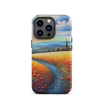 Feld mit roten Blumen und Berglandschaft - Landschaftsmalerei - iPhone Schutzhülle (robust) berge xxx iPhone 13 Pro