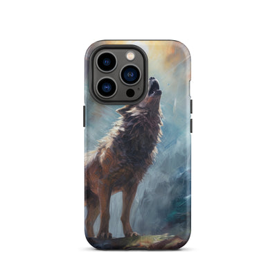 Heulender Wolf auf Berggipfel und Mond im Hintergrund – Abstrakte Malerei - iPhone Schutzhülle (robust) camping xxx iPhone 13 Pro