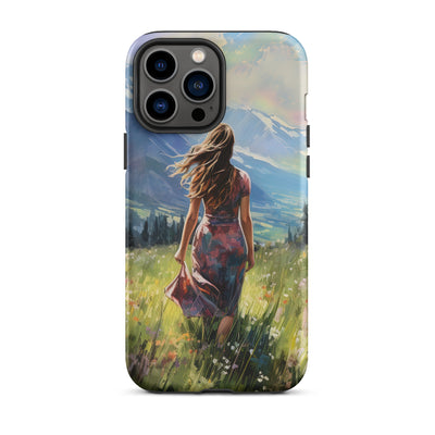 Frau mit langen Kleid im Feld mit Blumen - Berge im Hintergrund - Malerei - iPhone Schutzhülle (robust) berge xxx iPhone 13 Pro Max