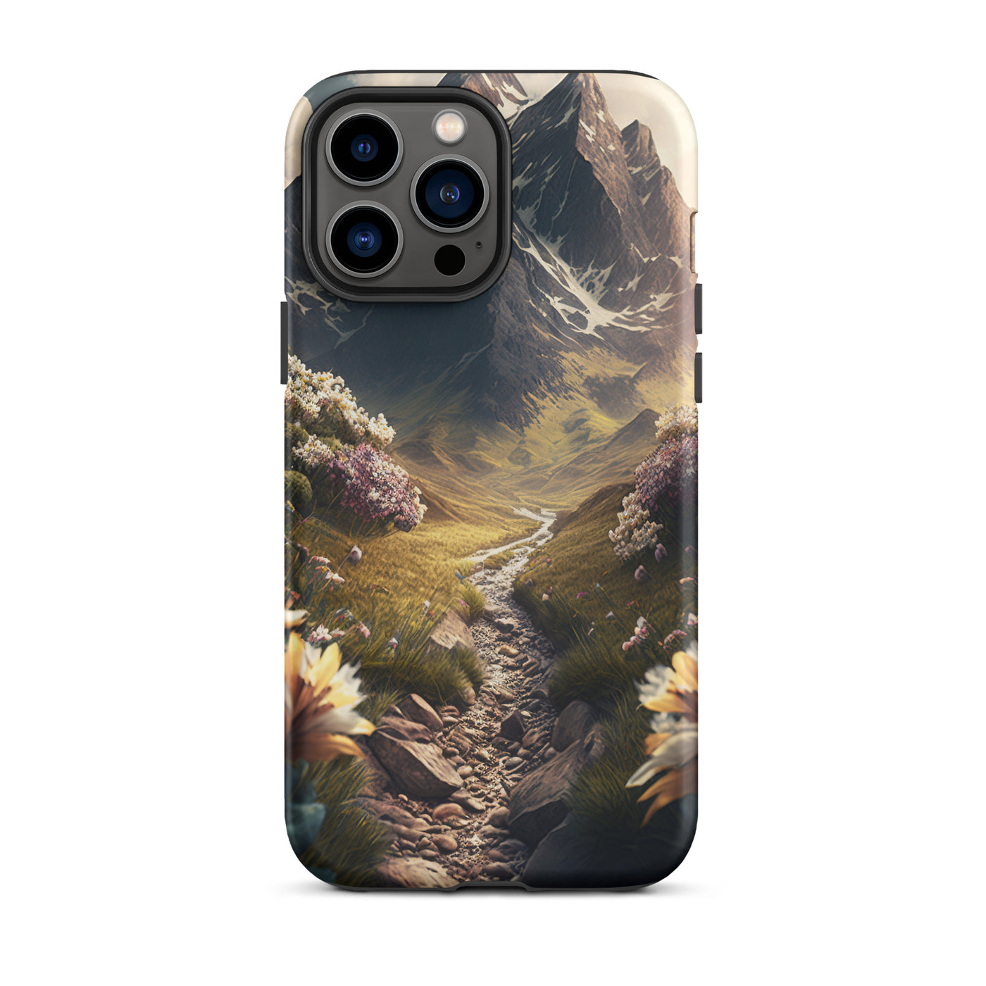 Epischer Berg, steiniger Weg und Blumen - Realistische Malerei - iPhone Schutzhülle (robust) berge xxx iPhone 13 Pro Max