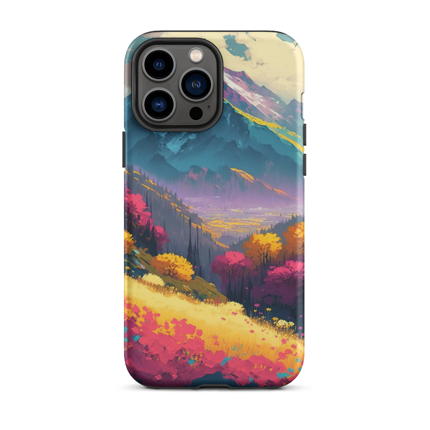 Berge, pinke und gelbe Bäume, sowie Blumen - Farbige Malerei - iPhone Schutzhülle (robust) berge xxx iPhone 13 Pro Max