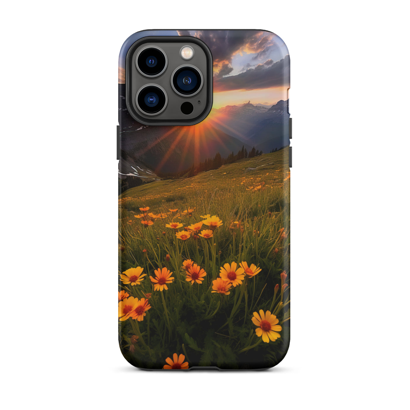 Gebirge, Sonnenblumen und Sonnenaufgang - iPhone Schutzhülle (robust) berge xxx iPhone 13 Pro Max
