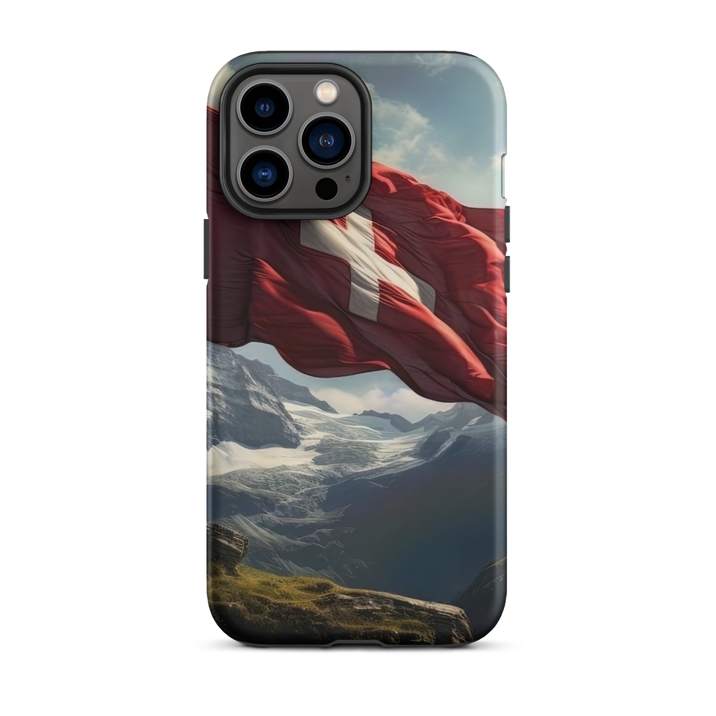 Schweizer Flagge und Berge im Hintergrund - Fotorealistische Malerei - iPhone Schutzhülle (robust) berge xxx iPhone 13 Pro Max
