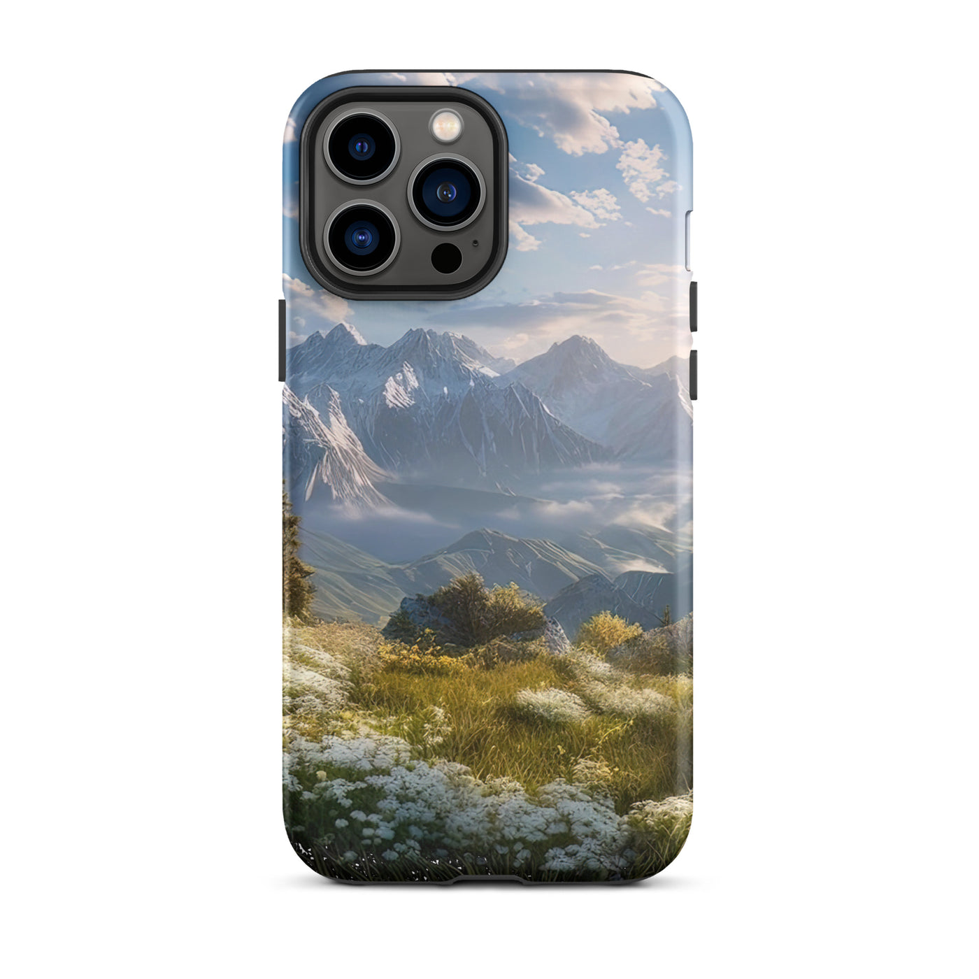 Berglandschaft mit Sonnenschein, Blumen und Bäumen - Malerei - iPhone Schutzhülle (robust) berge xxx iPhone 13 Pro Max