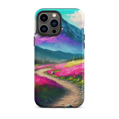 Berg, pinke Blumen und Wanderweg - Landschaftsmalerei - iPhone Schutzhülle (robust) berge xxx iPhone 13 Pro Max