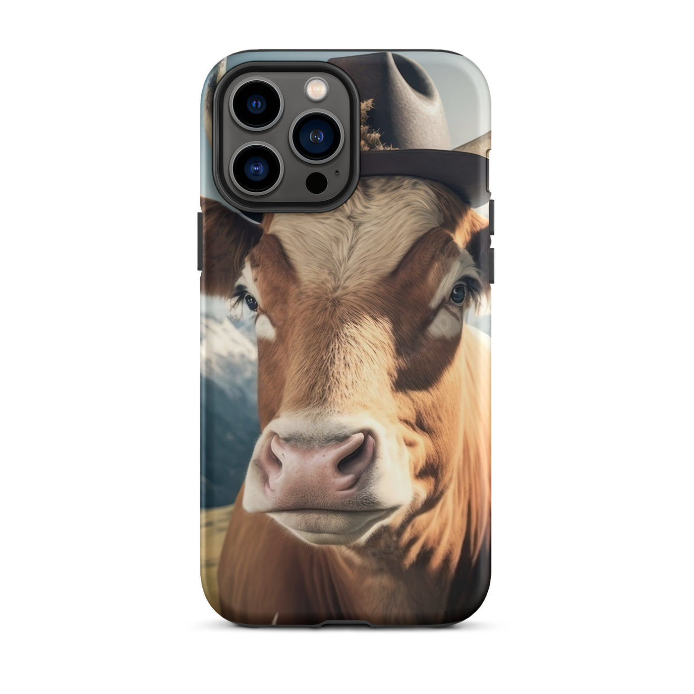 Kuh mit Hut in den Alpen - Berge im Hintergrund - Landschaftsmalerei - iPhone Schutzhülle (robust) berge xxx iPhone 13 Pro Max
