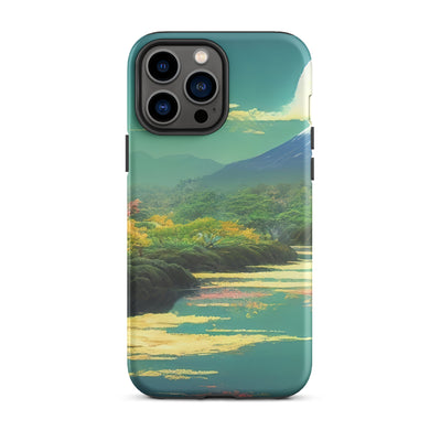 Berg, See und Wald mit pinken Bäumen - Landschaftsmalerei - iPhone Schutzhülle (robust) berge xxx iPhone 13 Pro Max