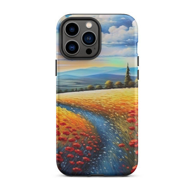 Feld mit roten Blumen und Berglandschaft - Landschaftsmalerei - iPhone Schutzhülle (robust) berge xxx iPhone 13 Pro Max