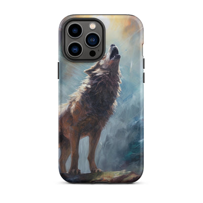 Heulender Wolf auf Berggipfel und Mond im Hintergrund – Abstrakte Malerei - iPhone Schutzhülle (robust) camping xxx iPhone 13 Pro Max
