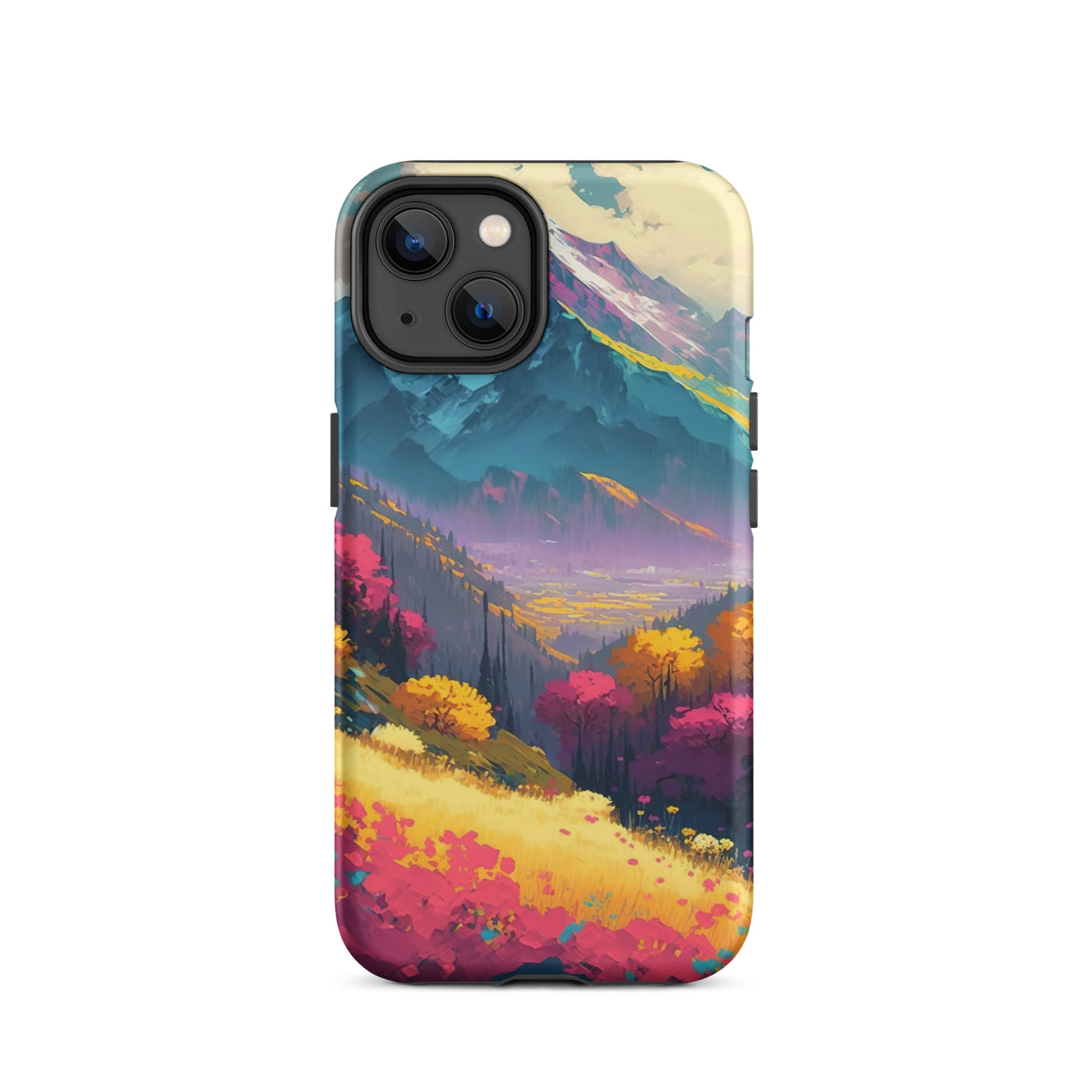 Berge, pinke und gelbe Bäume, sowie Blumen - Farbige Malerei - iPhone Schutzhülle (robust) berge xxx iPhone 14