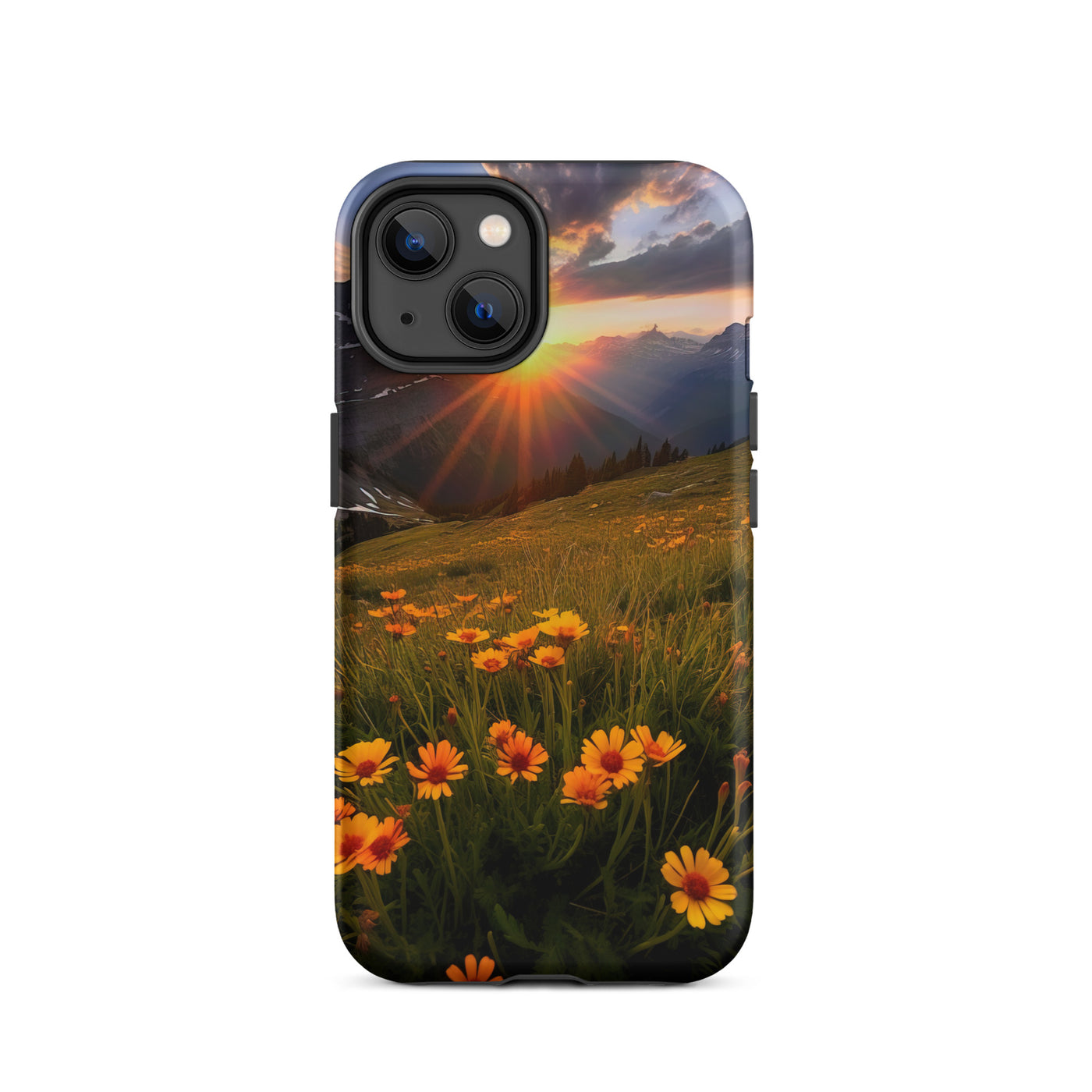 Gebirge, Sonnenblumen und Sonnenaufgang - iPhone Schutzhülle (robust) berge xxx iPhone 14