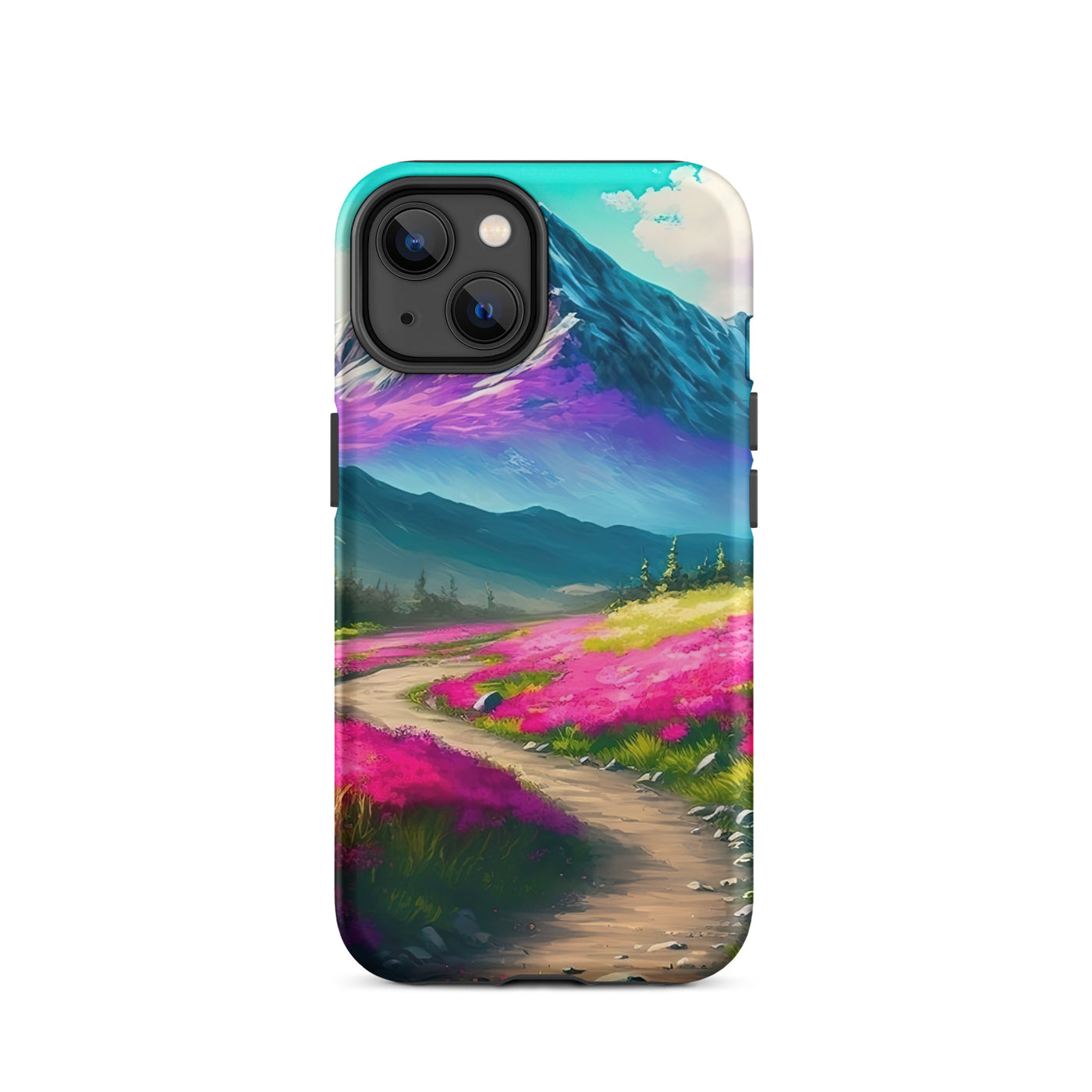Berg, pinke Blumen und Wanderweg - Landschaftsmalerei - iPhone Schutzhülle (robust) berge xxx iPhone 14