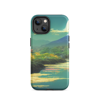 Berg, See und Wald mit pinken Bäumen - Landschaftsmalerei - iPhone Schutzhülle (robust) berge xxx iPhone 14