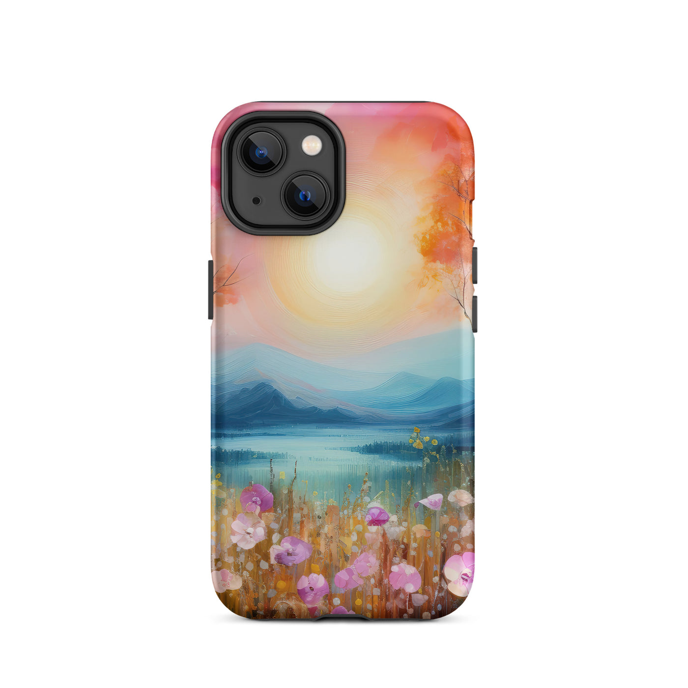 Berge, See, pinke Bäume und Blumen - Malerei - iPhone Schutzhülle (robust) berge xxx iPhone 14