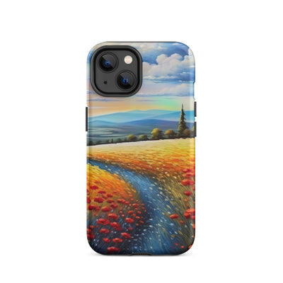 Feld mit roten Blumen und Berglandschaft - Landschaftsmalerei - iPhone Schutzhülle (robust) berge xxx iPhone 14