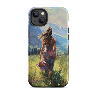 Frau mit langen Kleid im Feld mit Blumen - Berge im Hintergrund - Malerei - iPhone Schutzhülle (robust) berge xxx iPhone 14 Plus