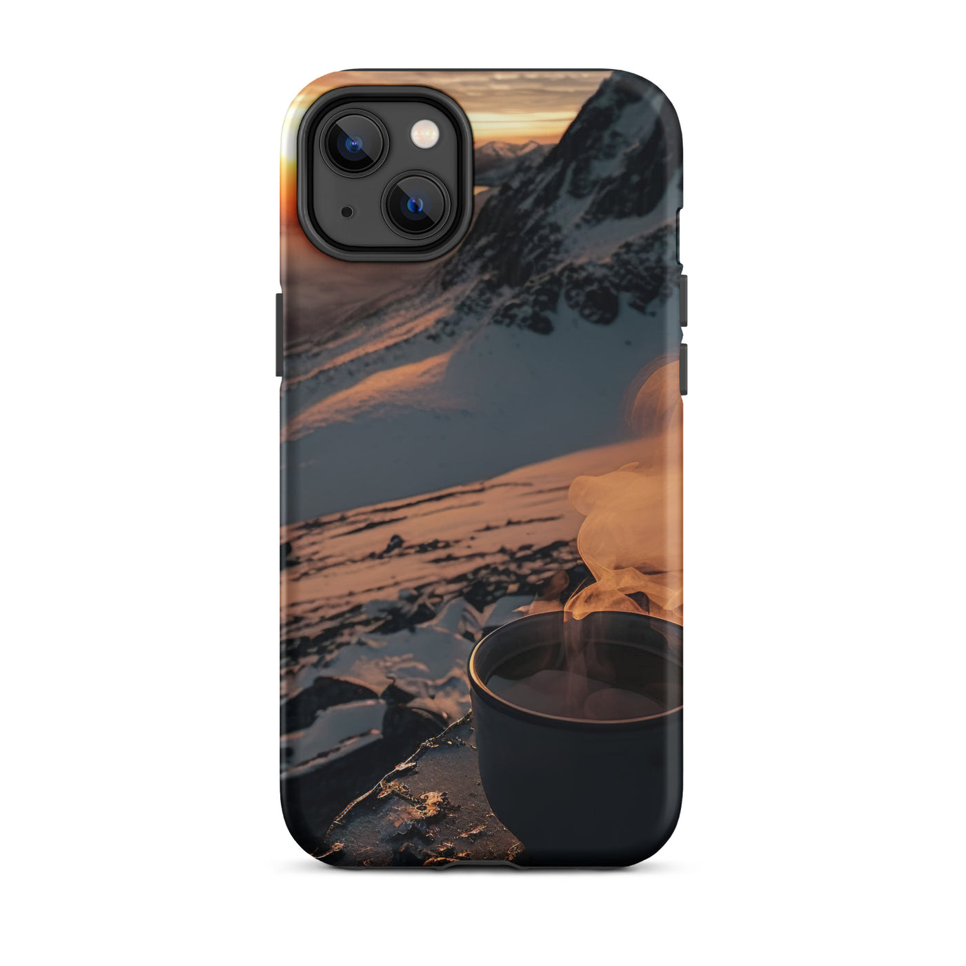 Heißer Kaffee auf einem schneebedeckten Berg - iPhone Schutzhülle (robust) berge xxx iPhone 14 Plus