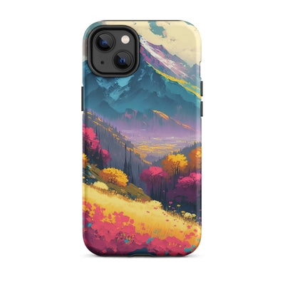 Berge, pinke und gelbe Bäume, sowie Blumen - Farbige Malerei - iPhone Schutzhülle (robust) berge xxx iPhone 14 Plus