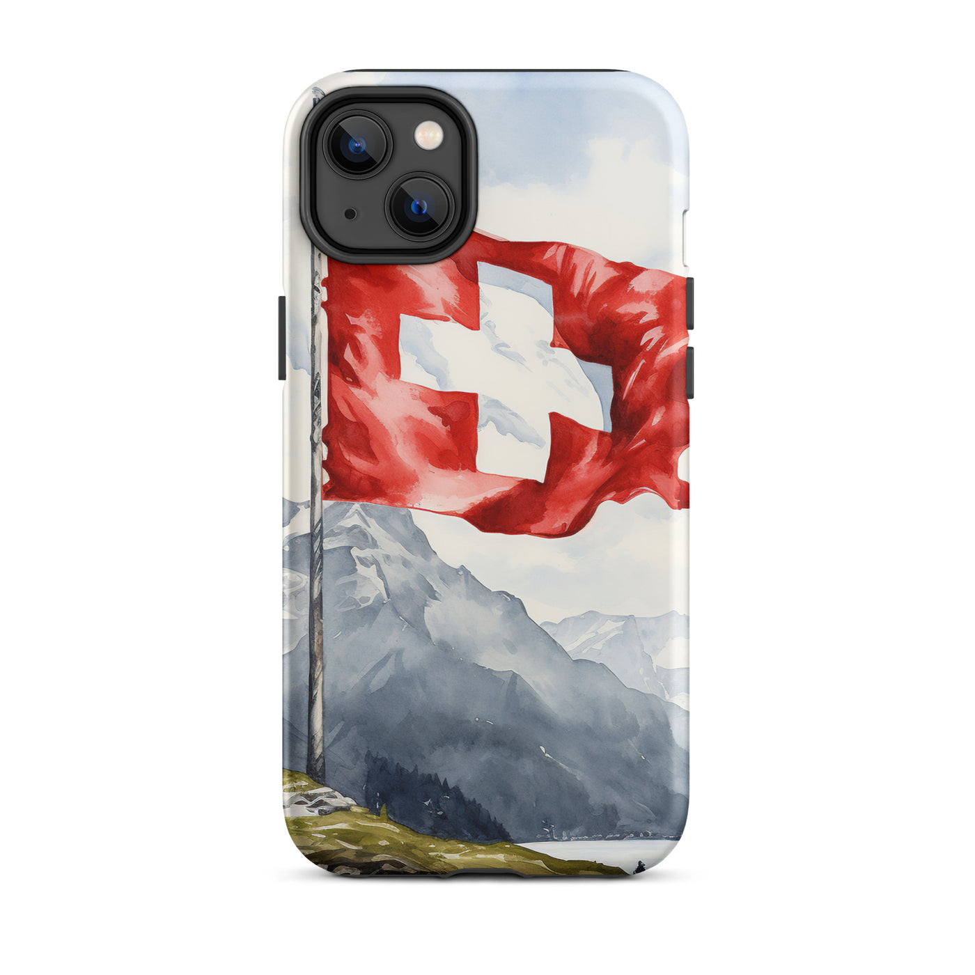 Schweizer Flagge und Berge im Hintergrund - Epische Stimmung - Malerei - iPhone Schutzhülle (robust) berge xxx iPhone 14 Plus