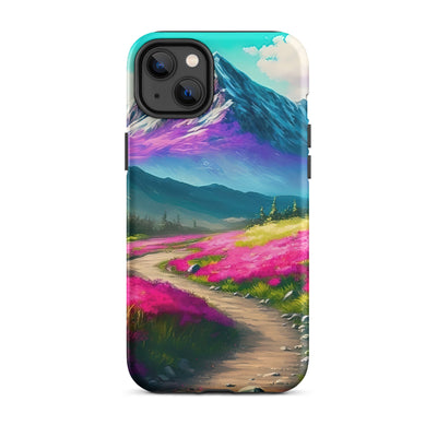 Berg, pinke Blumen und Wanderweg - Landschaftsmalerei - iPhone Schutzhülle (robust) berge xxx iPhone 14 Plus