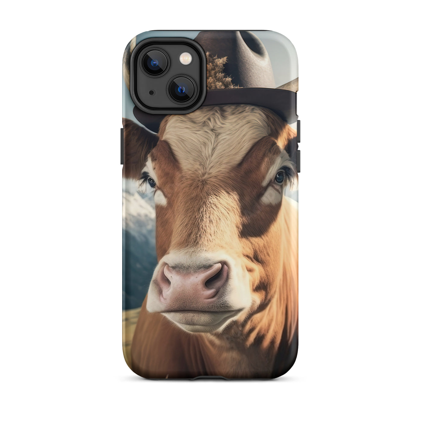 Kuh mit Hut in den Alpen - Berge im Hintergrund - Landschaftsmalerei - iPhone Schutzhülle (robust) berge xxx iPhone 14 Plus