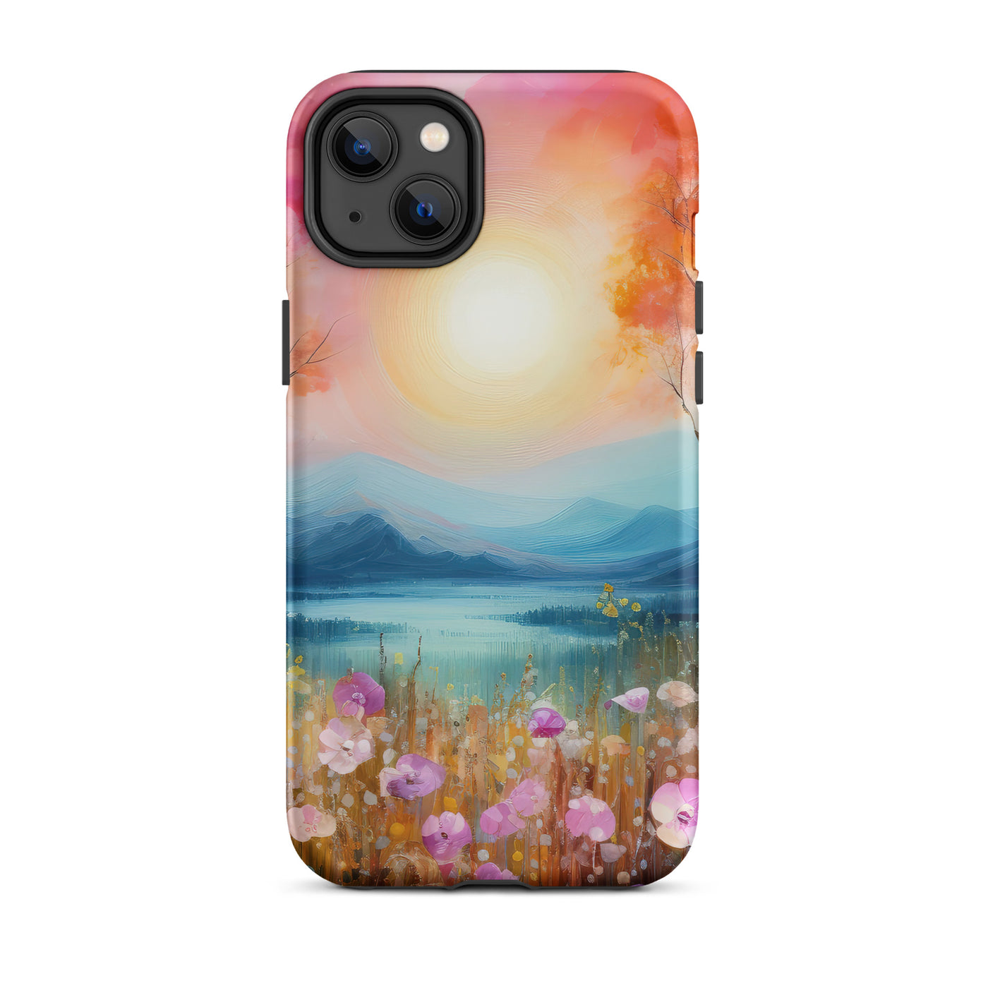 Berge, See, pinke Bäume und Blumen - Malerei - iPhone Schutzhülle (robust) berge xxx iPhone 14 Plus