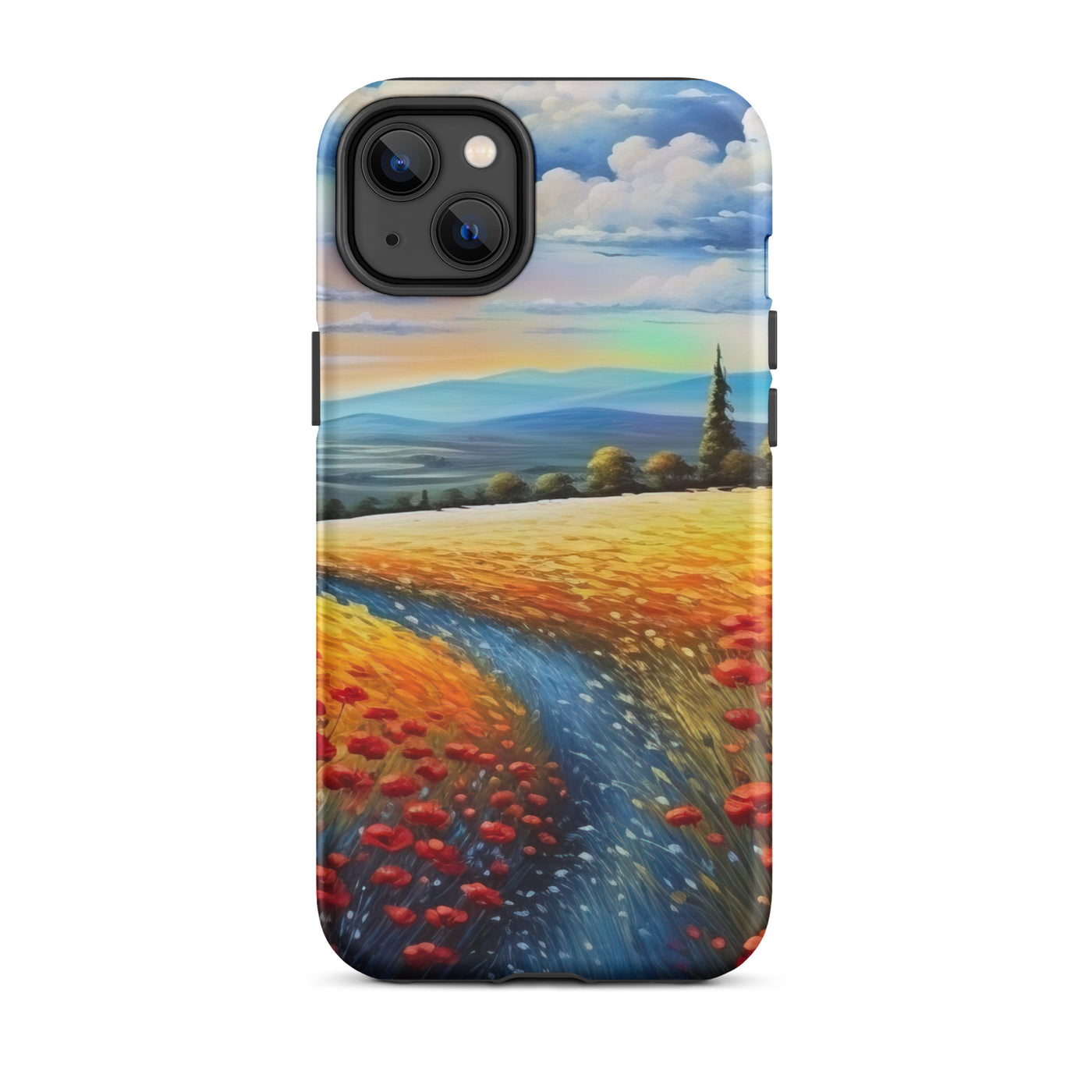 Feld mit roten Blumen und Berglandschaft - Landschaftsmalerei - iPhone Schutzhülle (robust) berge xxx iPhone 14 Plus