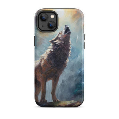 Heulender Wolf auf Berggipfel und Mond im Hintergrund – Abstrakte Malerei - iPhone Schutzhülle (robust) camping xxx iPhone 14 Plus