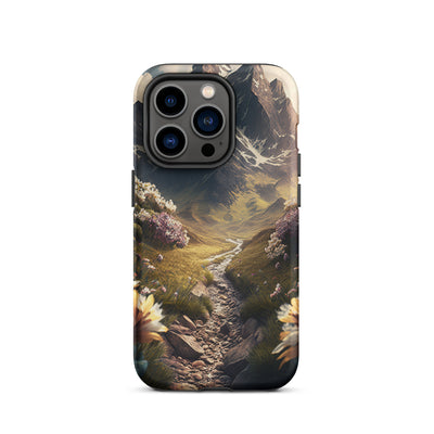 Epischer Berg, steiniger Weg und Blumen - Realistische Malerei - iPhone Schutzhülle (robust) berge xxx iPhone 14 Pro