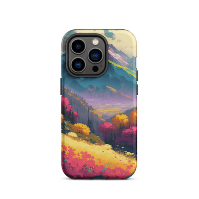 Berge, pinke und gelbe Bäume, sowie Blumen - Farbige Malerei - iPhone Schutzhülle (robust) berge xxx iPhone 14 Pro