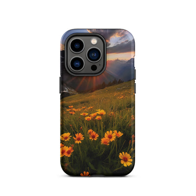 Gebirge, Sonnenblumen und Sonnenaufgang - iPhone Schutzhülle (robust) berge xxx iPhone 14 Pro