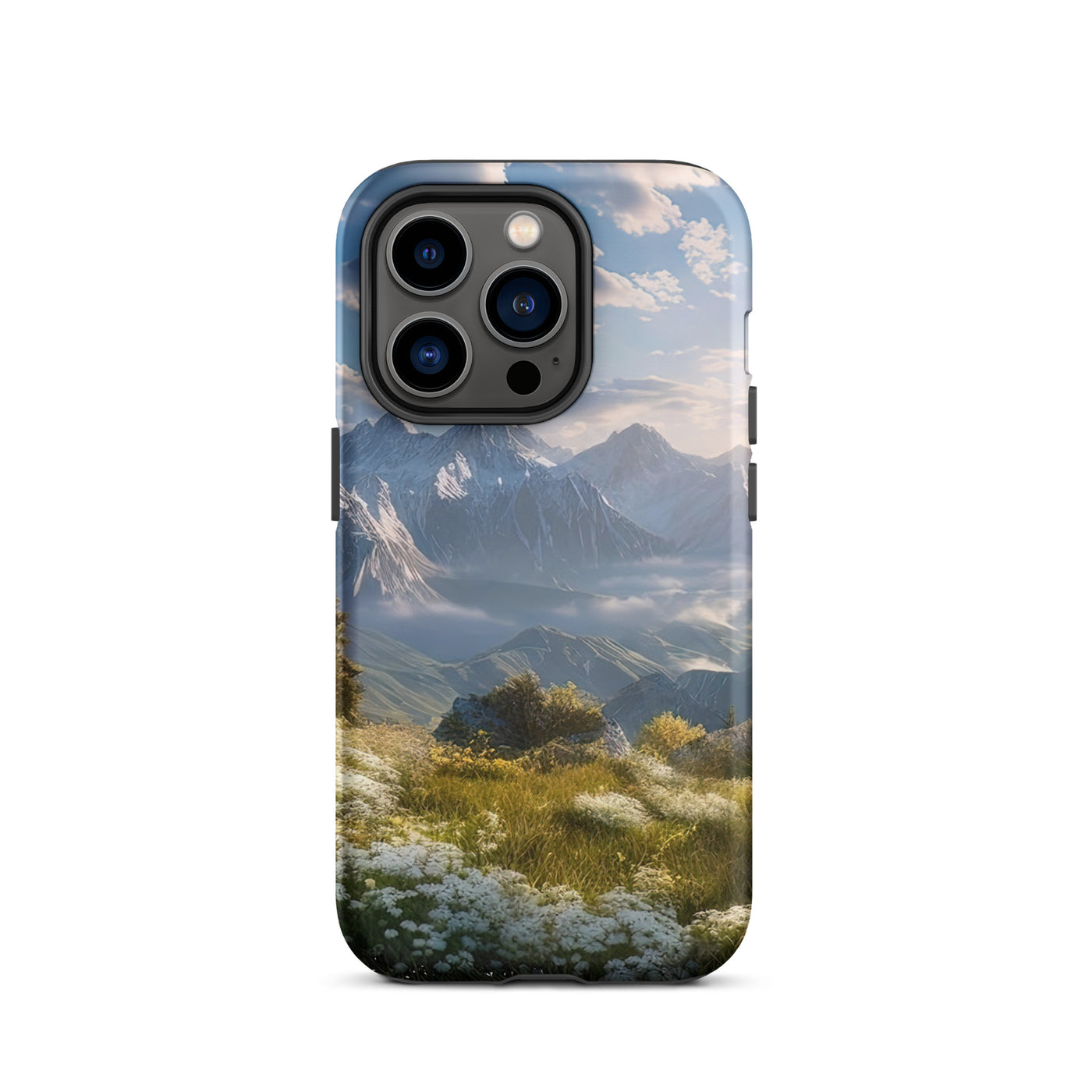 Berglandschaft mit Sonnenschein, Blumen und Bäumen - Malerei - iPhone Schutzhülle (robust) berge xxx iPhone 14 Pro