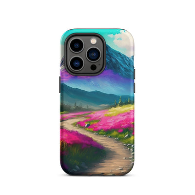 Berg, pinke Blumen und Wanderweg - Landschaftsmalerei - iPhone Schutzhülle (robust) berge xxx iPhone 14 Pro