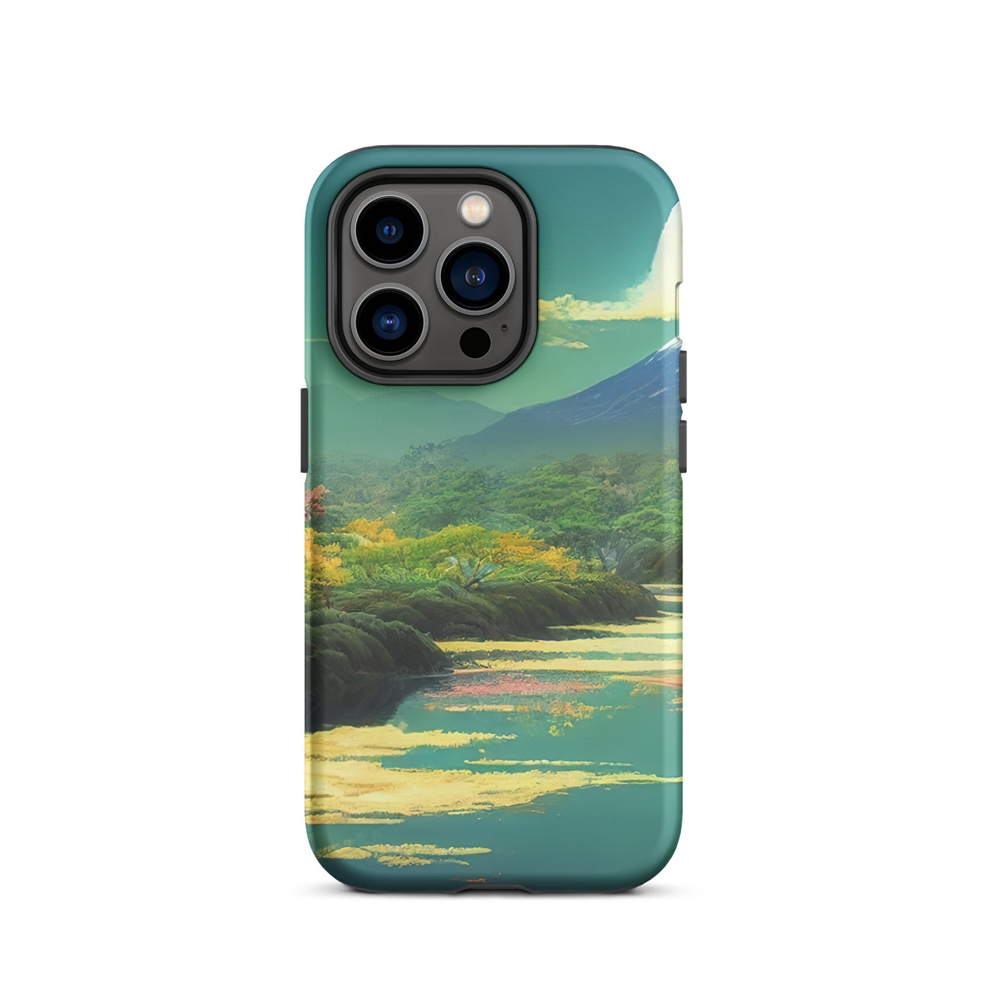 Berg, See und Wald mit pinken Bäumen - Landschaftsmalerei - iPhone Schutzhülle (robust) berge xxx iPhone 14 Pro