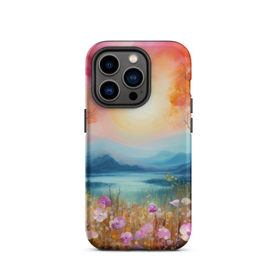 Berge, See, pinke Bäume und Blumen - Malerei - iPhone Schutzhülle (robust) berge xxx iPhone 14 Pro