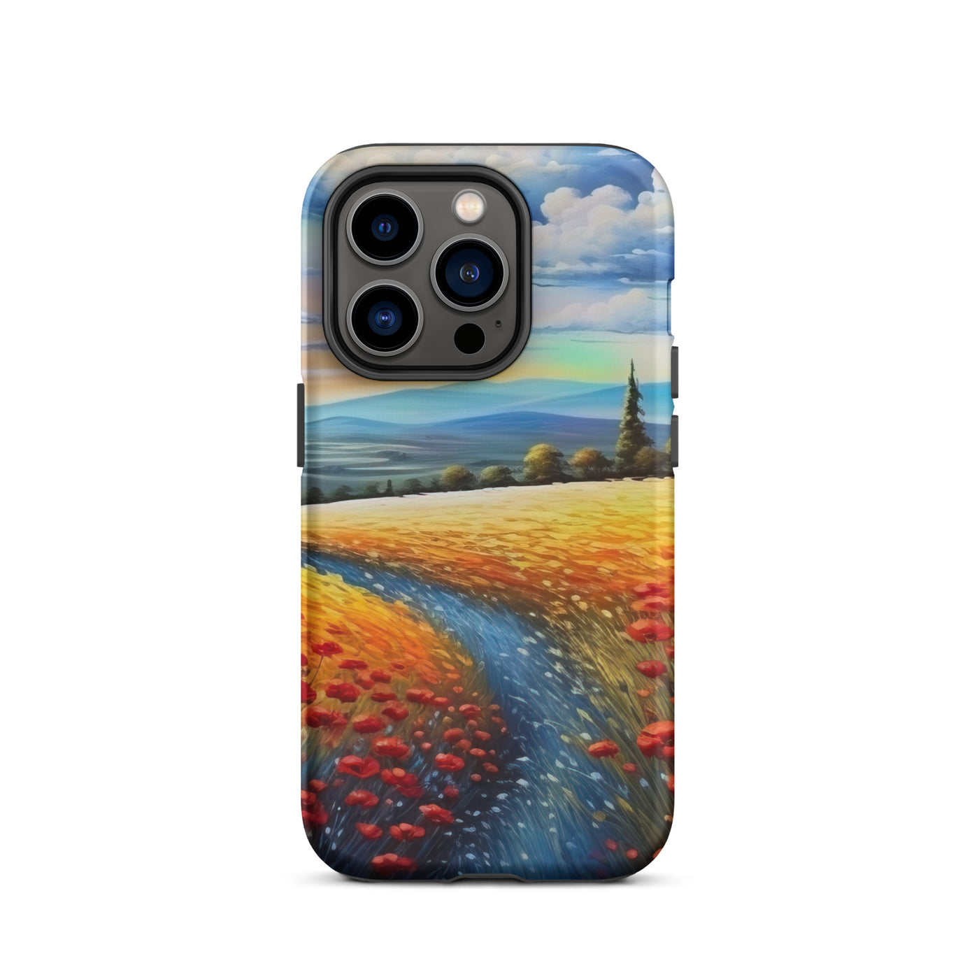 Feld mit roten Blumen und Berglandschaft - Landschaftsmalerei - iPhone Schutzhülle (robust) berge xxx iPhone 14 Pro
