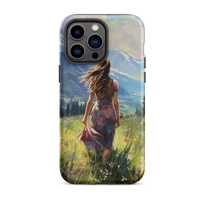 Frau mit langen Kleid im Feld mit Blumen - Berge im Hintergrund - Malerei - iPhone Schutzhülle (robust) berge xxx iPhone 14 Pro Max