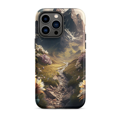 Epischer Berg, steiniger Weg und Blumen - Realistische Malerei - iPhone Schutzhülle (robust) berge xxx iPhone 14 Pro Max